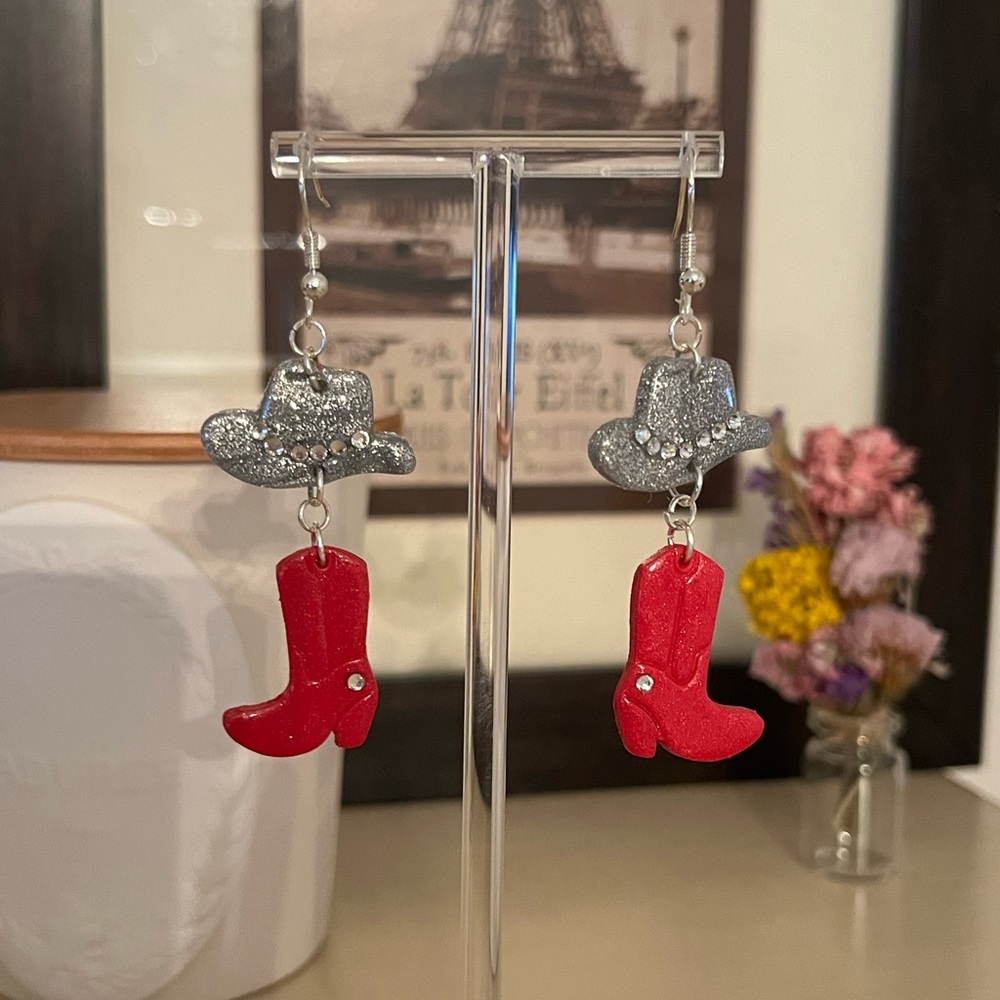 Pink Pony Club Polymer Clay Earrings - Red boots silver stones